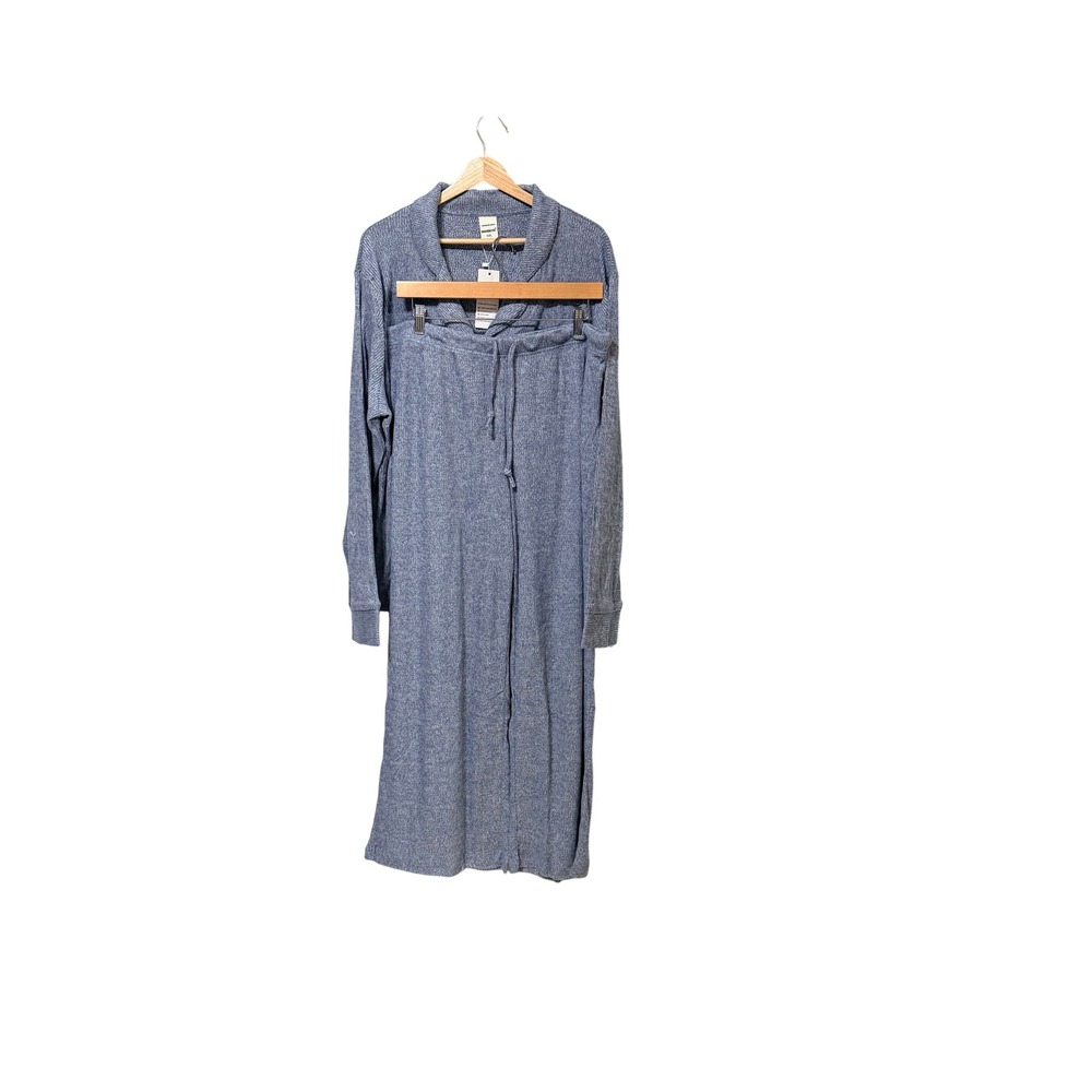 Manbeiya Blue Ribbed Knit Pajama Set XXL Button Front Wide Leg Lounge Set NEW